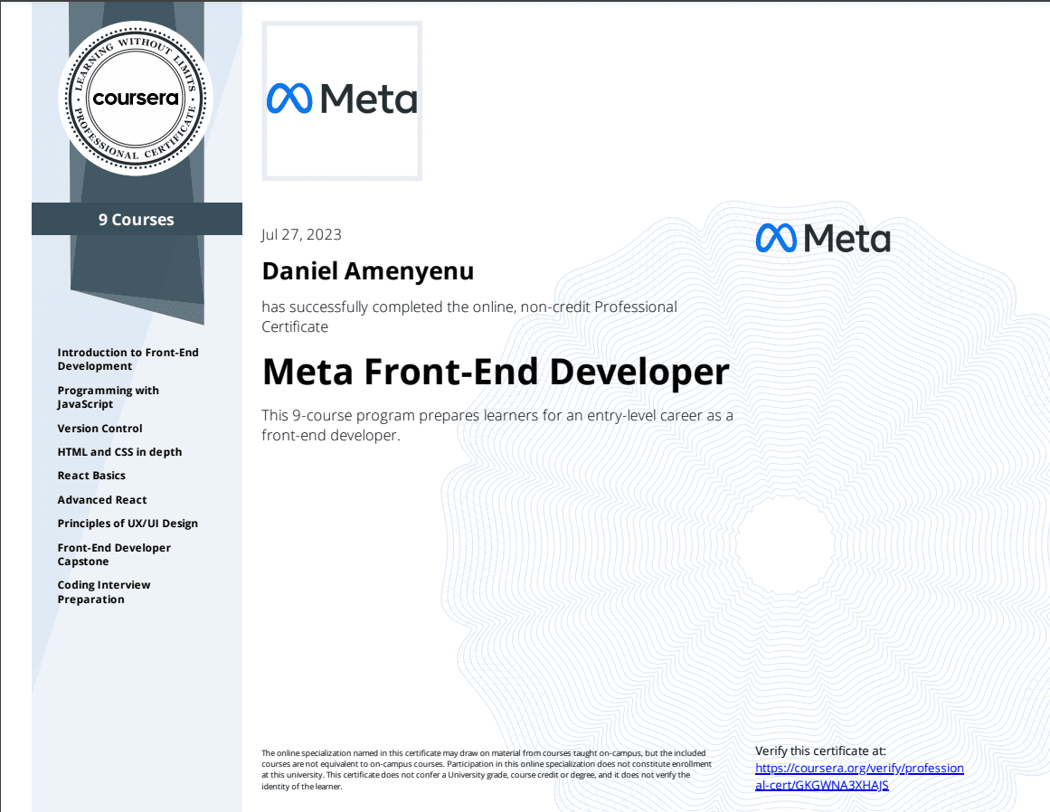 Meta Frontend Developer Certificate